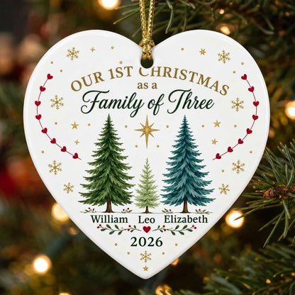Our 1st Christmas As A Family Of Three Pine Trees - Personalized Heart Ceramic Ornament (Printed On Both Sides)