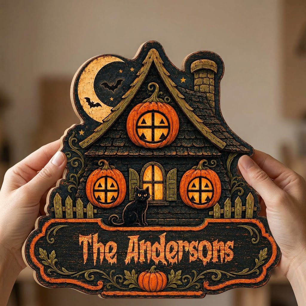 Custom-cut haunted house wooden sign with moon, bats, pumpkin windows, black cat, picket fences, and a family name banne