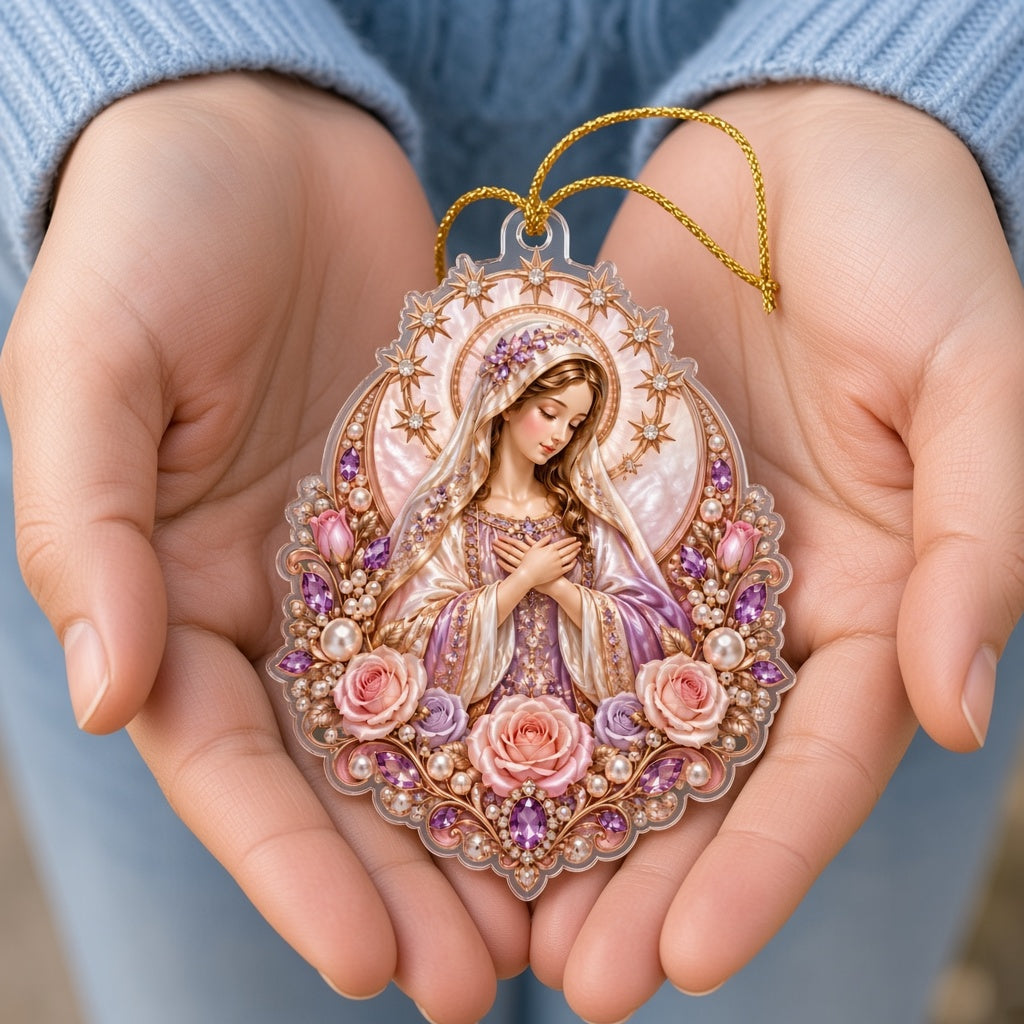 Acrylic ornament of the Virgin Mary with starry halo, pink and purple roses, pearls, gems and gold filigree.