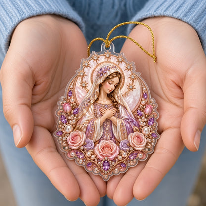 Acrylic ornament of the Virgin Mary with starry halo, pink and purple roses, pearls, gems and gold filigree.