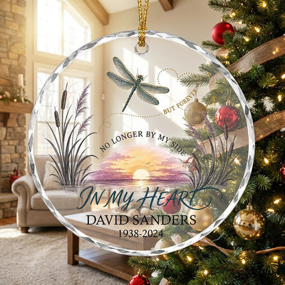 Personalized Dragonfly Memorial Sunset No Longer By My Side Round Glass Ornament