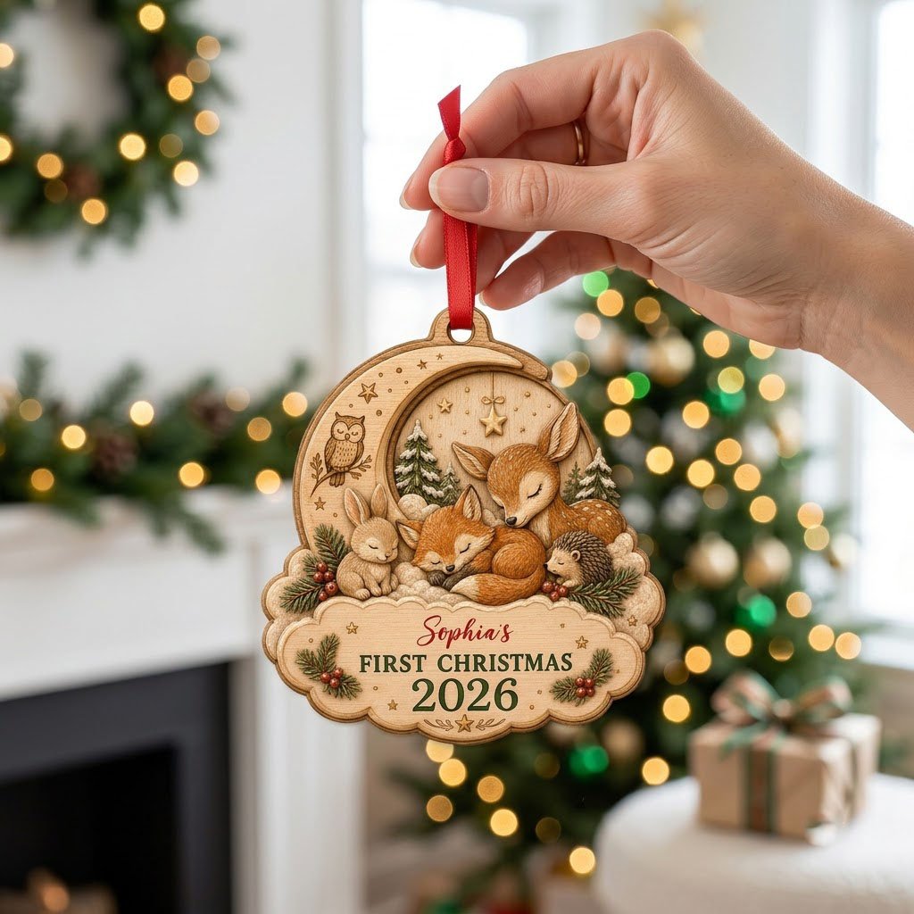 Personalized Woodland Animals Baby's First Christmas Wood Ornament, Custom Keepsake