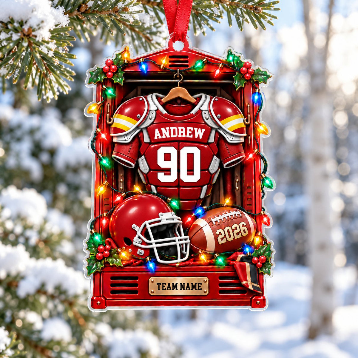 Red football locker ornament with jersey, helmet, football, holiday lights, holly, and custom name, number, team and yea