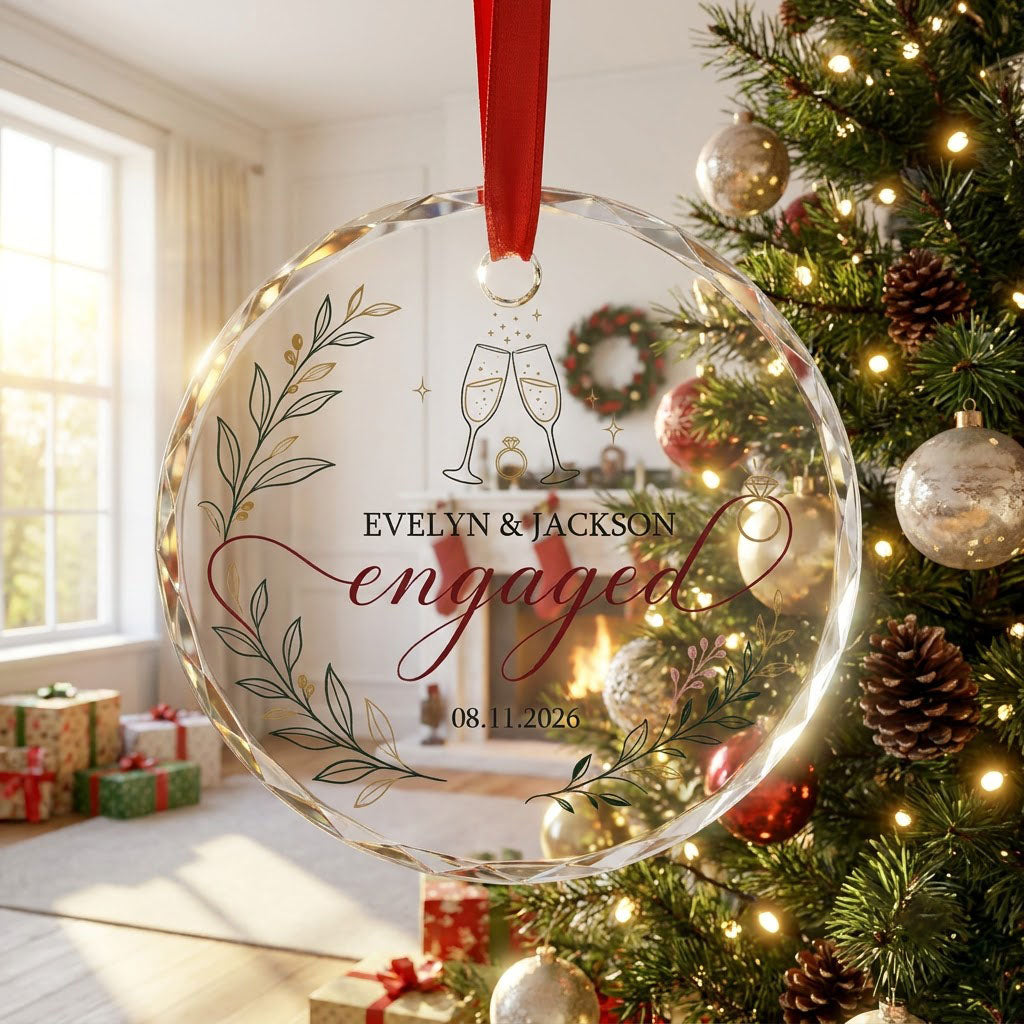 Round glass ornament with clinking champagne flutes, sparkles, ring and botanical foliage with burgundy ribbon and the w