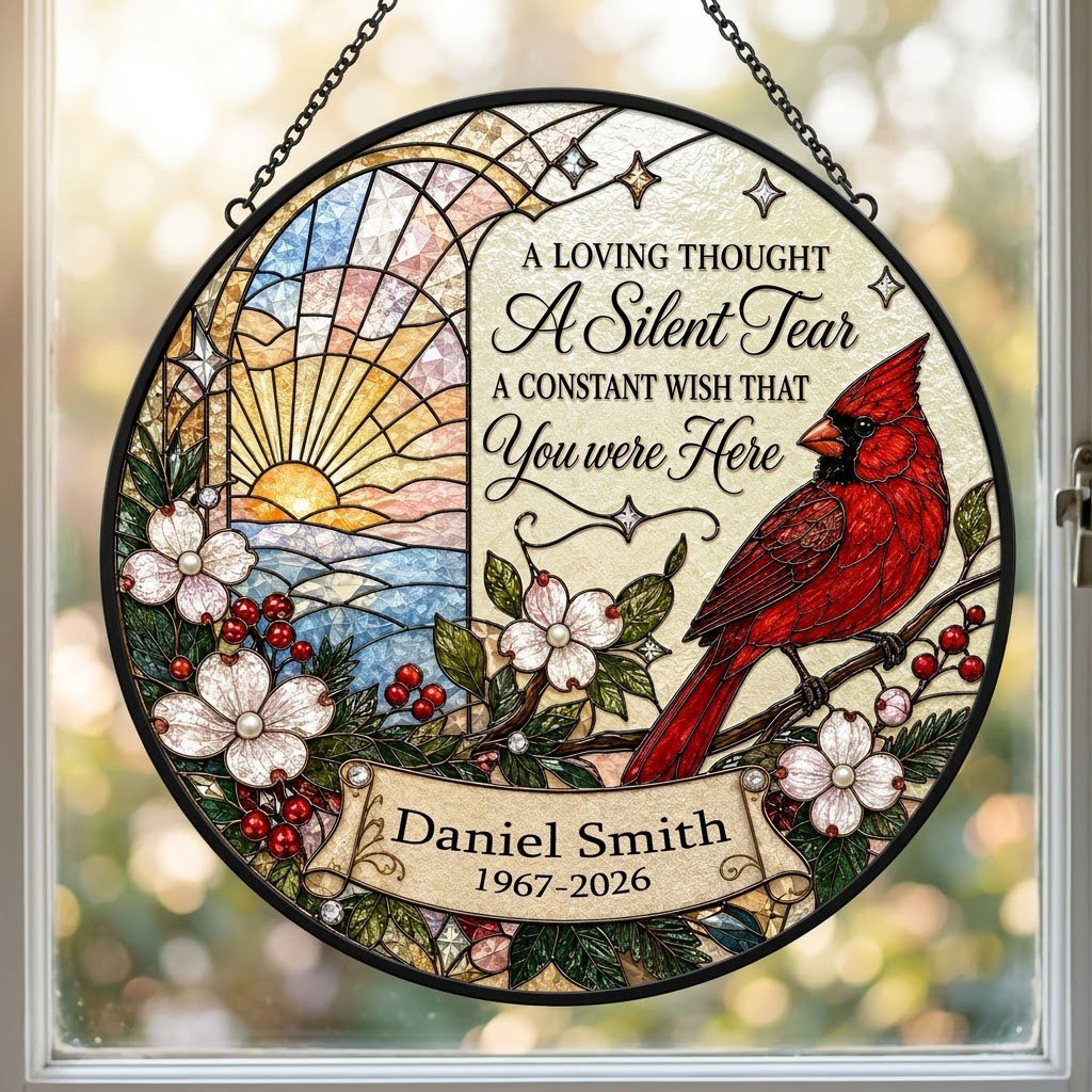 Personalized Red Cardinal Ocean Sunrise A Silent Tear Memorial Stained Glass Round Suncatcher