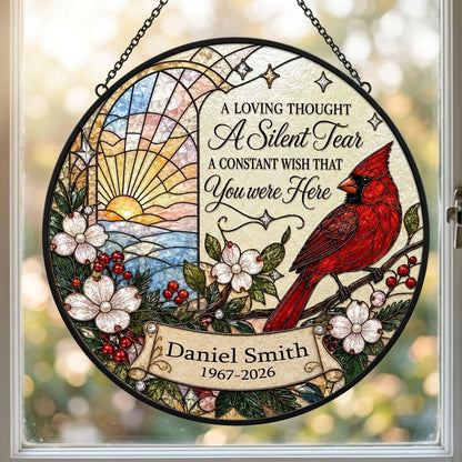 Personalized Red Cardinal Ocean Sunrise A Silent Tear Memorial Stained Glass Round Suncatcher