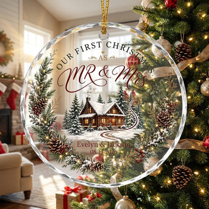 Personalized Our First Christmas as Mr & Mrs Winter Cabin Wreath Round Glass Ornament