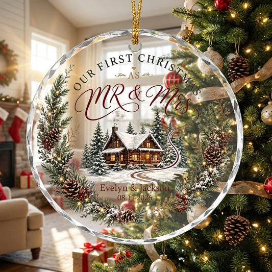 Personalized Our First Christmas as Mr & Mrs Winter Cabin Wreath Round Glass Ornament