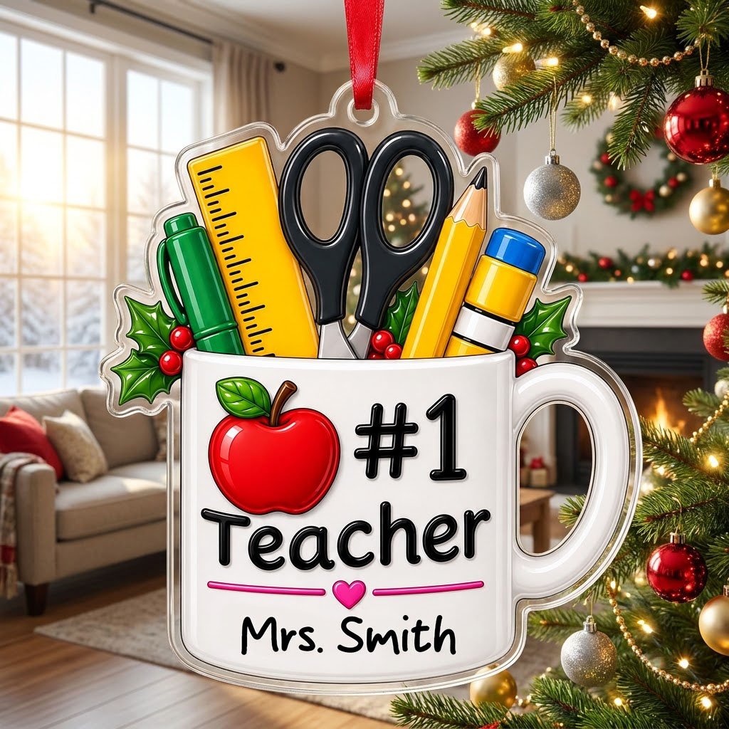 Personalized #1 Teacher Coffee Mug Acrylic Ornament, Custom School Appreciation Keepsake
