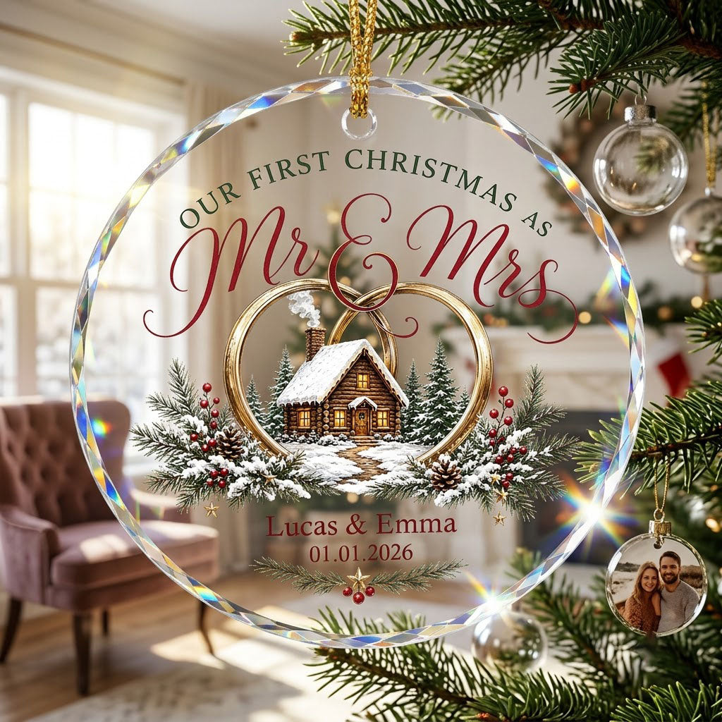 Personalized Our First Christmas as Mr & Mrs Winter Cabin Round Glass Ornament