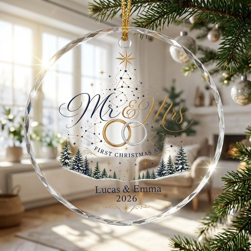 Personalized First Christmas as Mr & Mrs Constellation Tree Round Glass Ornament