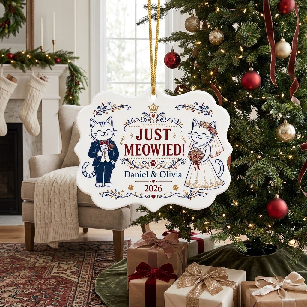 Medallion ceramic ornament with cat bride and groom, gold crown, floral scrolls, red hearts and paw prints on white.