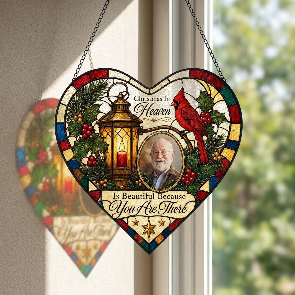 Heart stained glass suncatcher with lantern, red candle, red cardinal, holly, pine, and an oval photo frame.