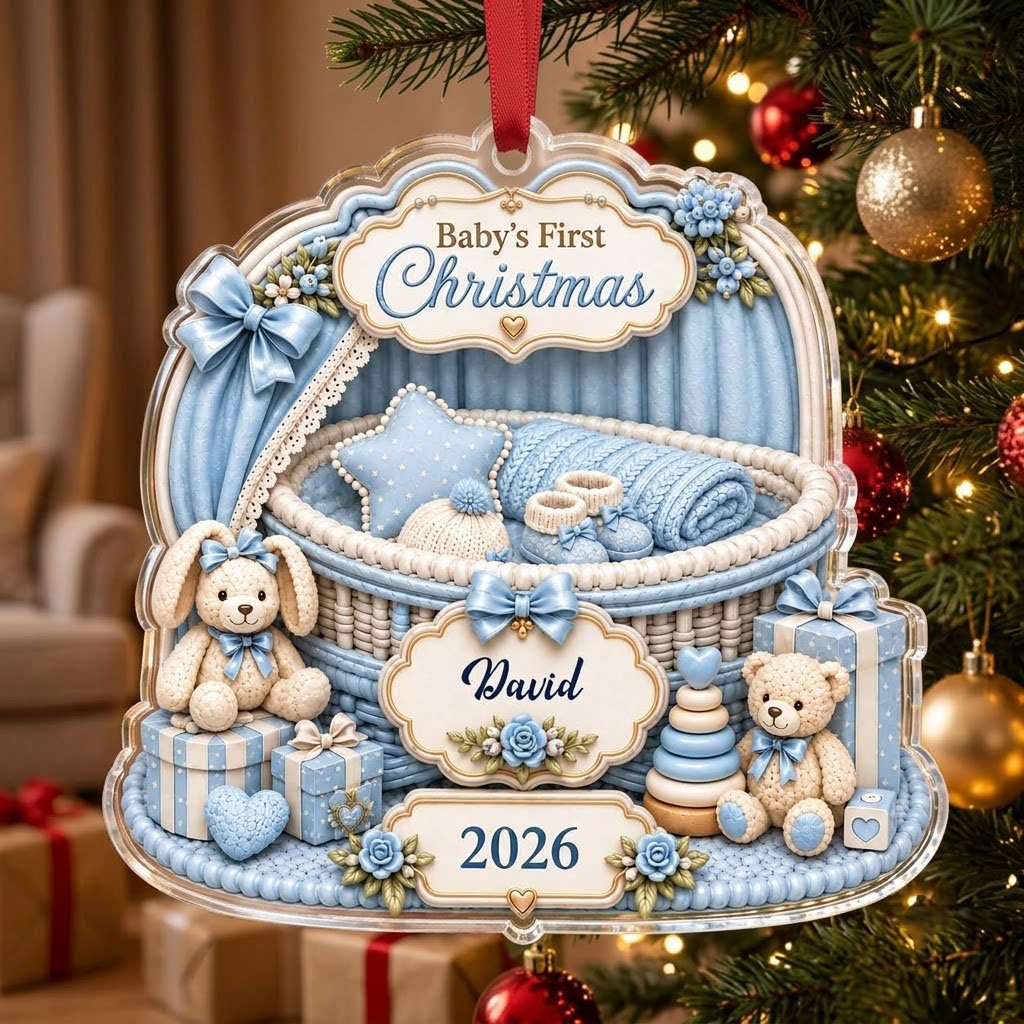 Clear acrylic ornament with blue nursery bassinet, bunny, teddy, and Baby's First Christmas with name and year.