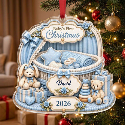 Clear acrylic ornament with blue nursery bassinet, bunny, teddy, and Baby's First Christmas with name and year.