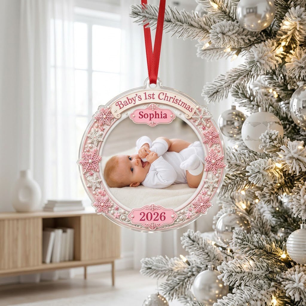 Round acrylic ornament with pink and white snowflakes framing a baby photo and the words Baby's 1st Christmas.