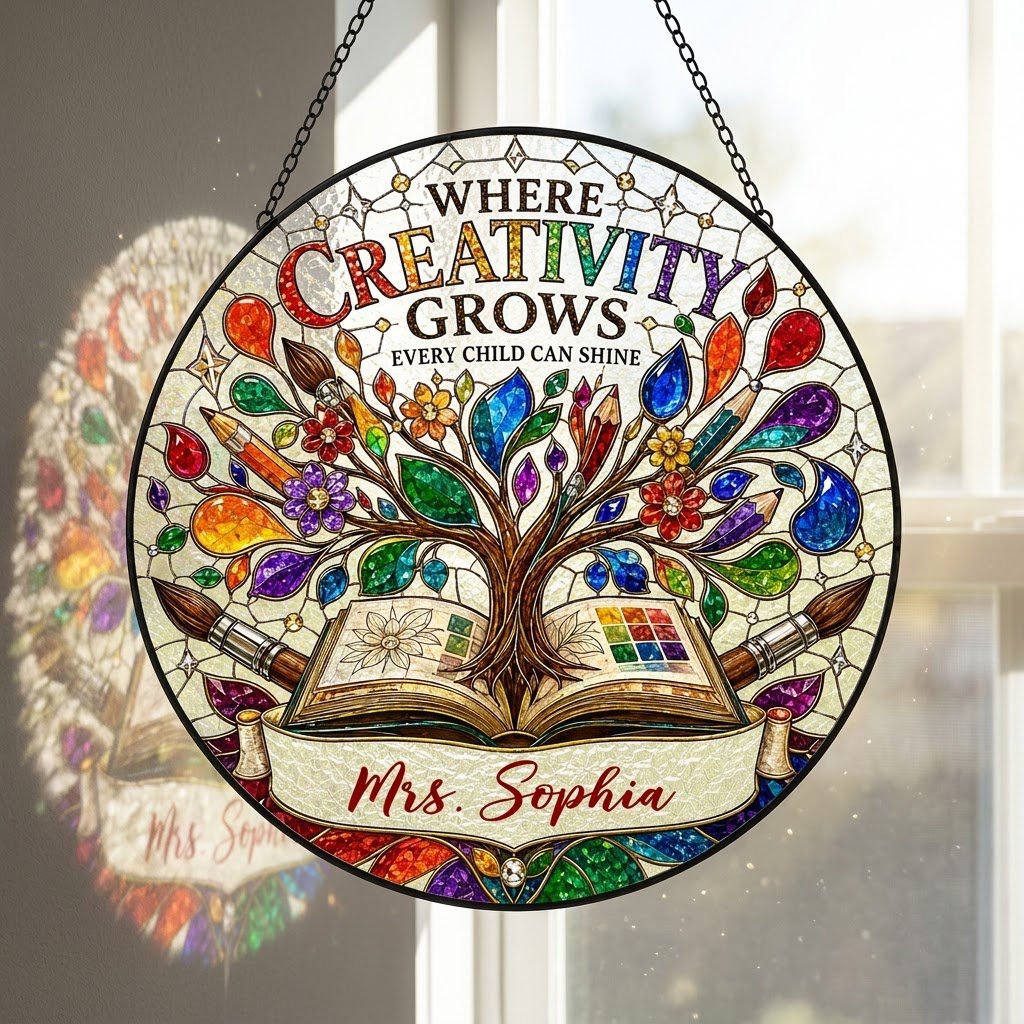 Round stained glass-style suncatcher with tree growing from an open book, paintbrushes, pencils, blossoms, and teacher n