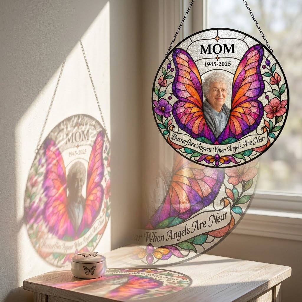 Round stained-glass suncatcher with butterfly wings, purple and pink flowers, a photo arch and a name banner.