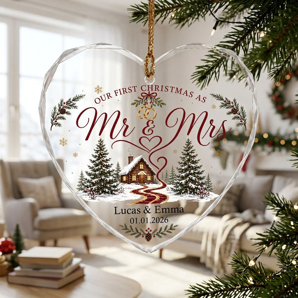Personalized Our First Christmas as Mr & Mrs Winter Cabin Ribbon Heart Glass Ornament