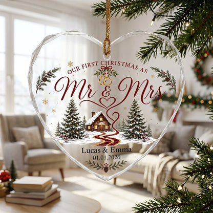Personalized Our First Christmas as Mr & Mrs Winter Cabin Ribbon Heart Glass Ornament