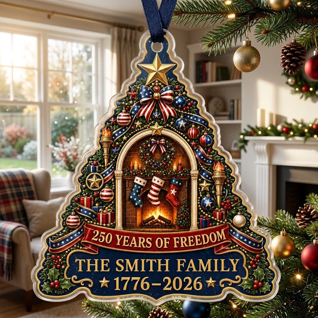 Personalized America 250th Tree Fireplace Acrylic Ornament, Custom Patriotic Holiday Keepsake