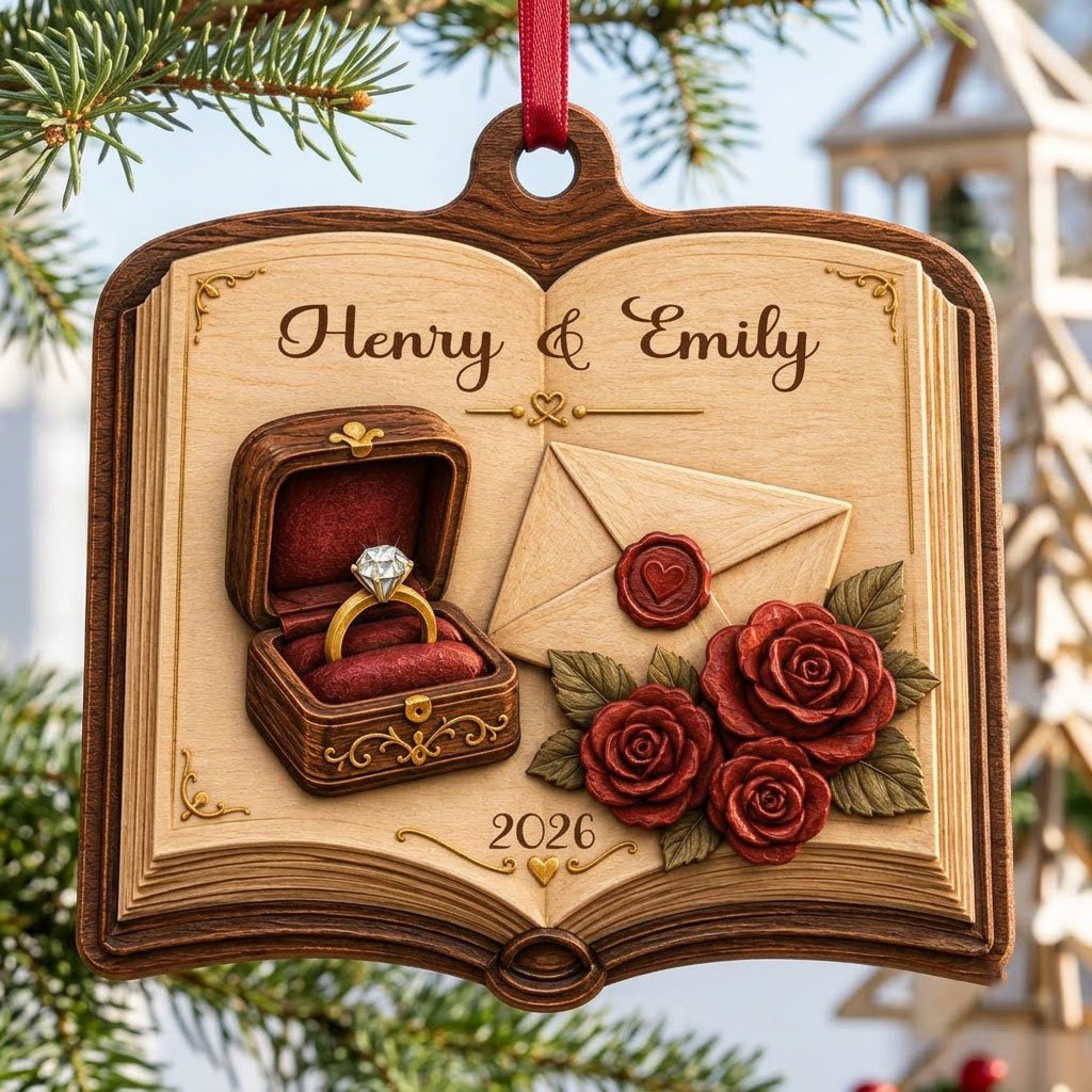 Open book wood ornament with a ring box, red roses, wax-sealed envelope, and custom names and year.
