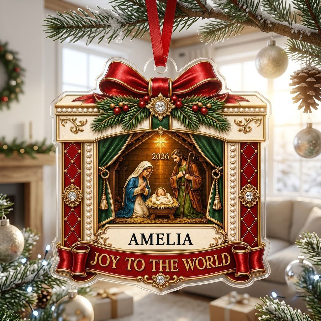 Personalized Nativity Scene Gift Box Acrylic Ornament, Custom Christian Holy Family Christmas Keepsake