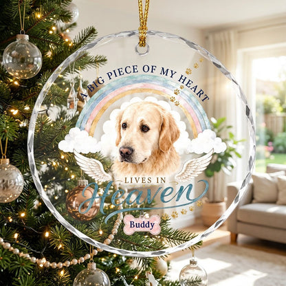 Personalized Dog Memorial Photo Rainbow Bridge A Big Piece Of My Heart Round Glass Ornament