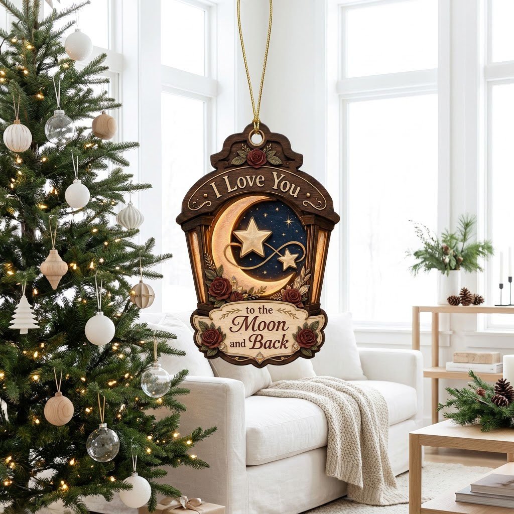 Wood ornament with red roses, crescent moon and stars on a night sky, and the phrase I Love You to the Moon and Back.