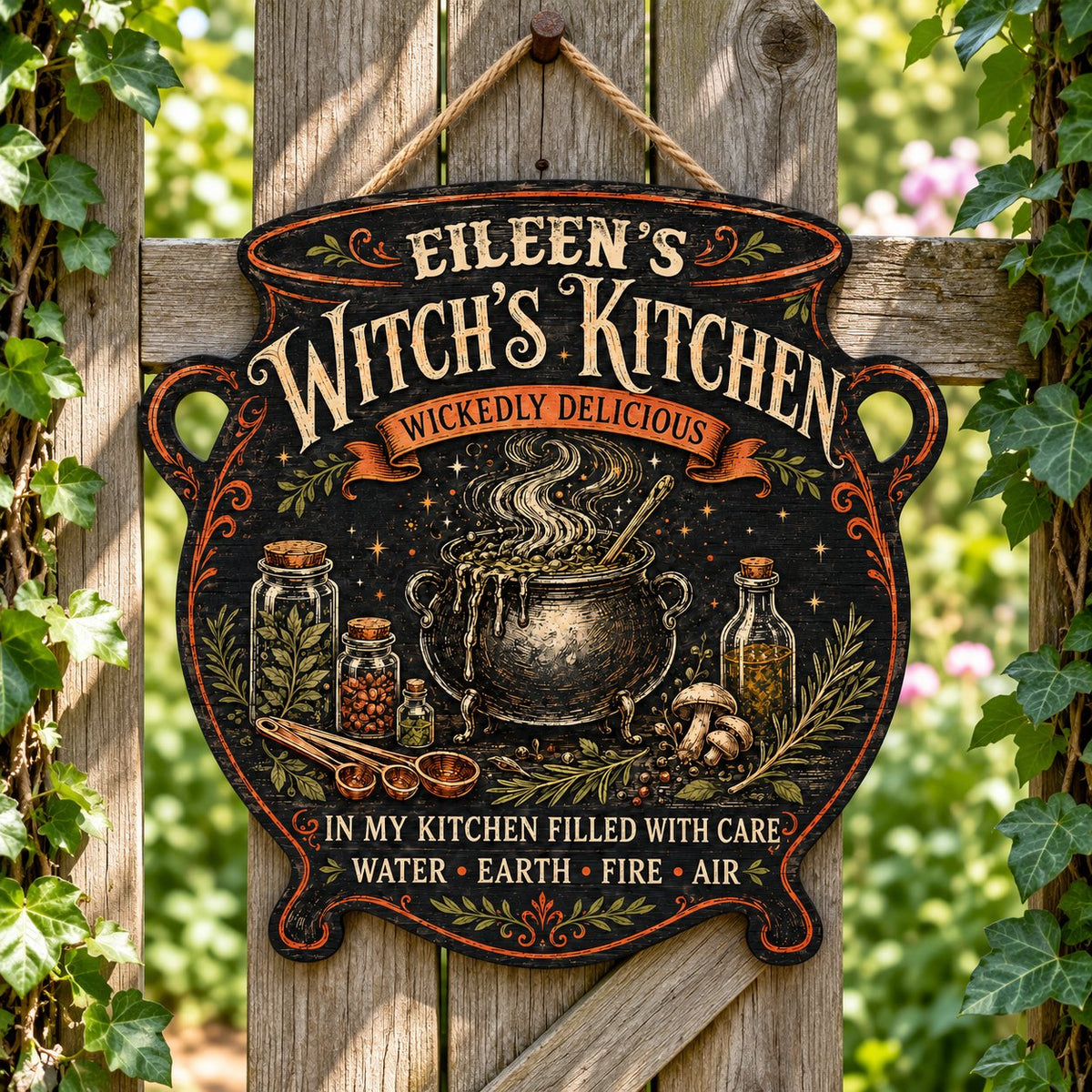 Custom-cut wooden sign shaped like a cauldron with herbs, potion jars, orange scroll and Witch's Kitchen text.