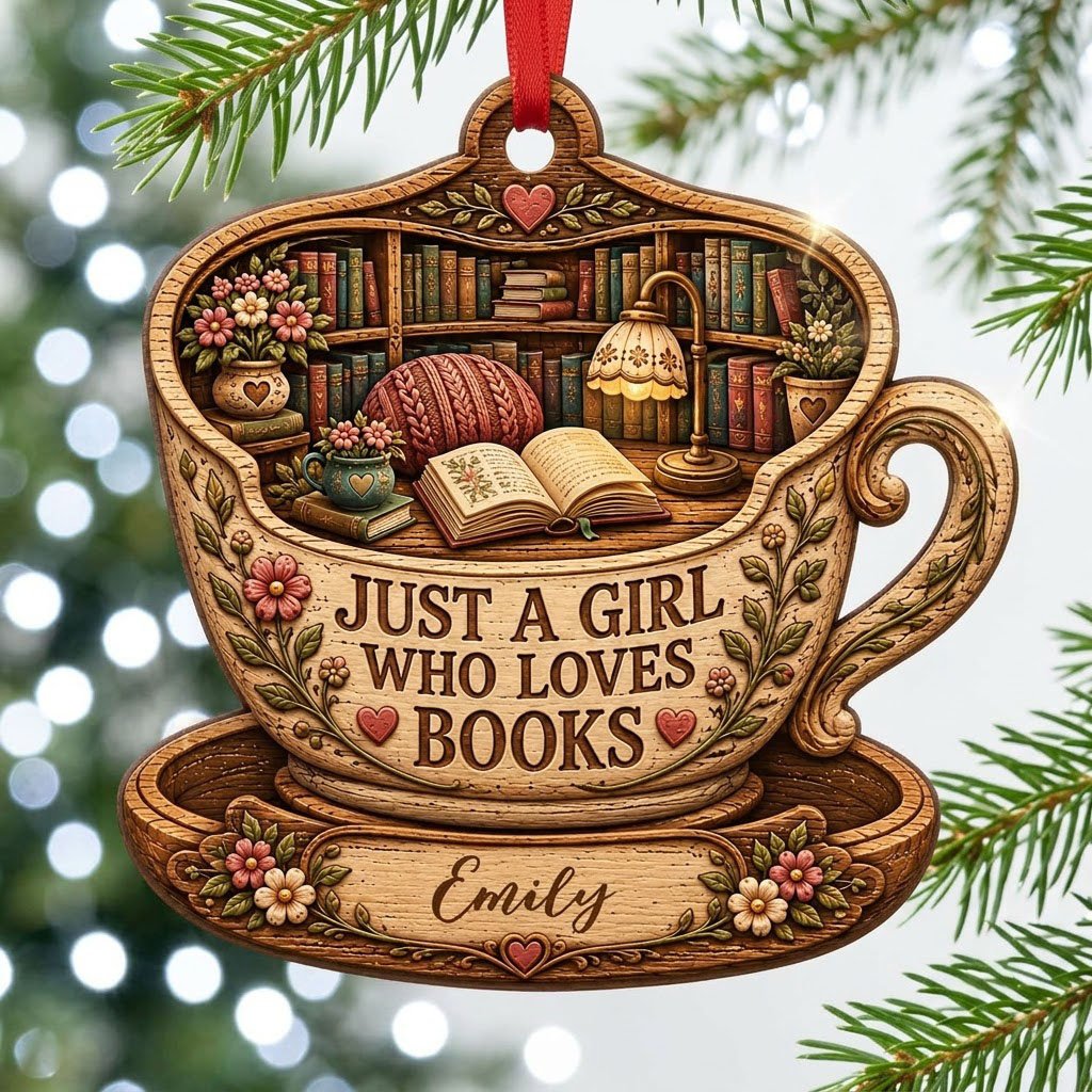 Teacup-shaped wood ornament with cozy library scene and 'JUST A GIRL WHO LOVES BOOKS' plus a personalized name.