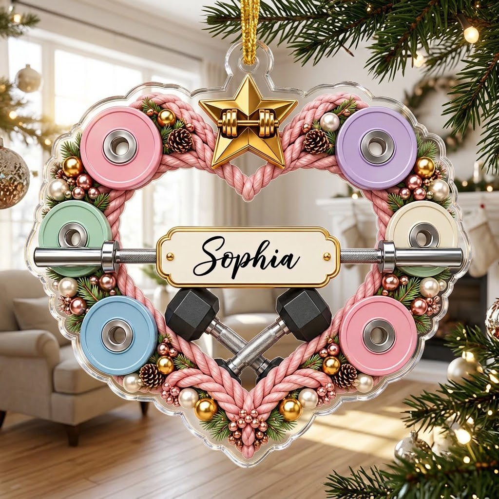 Clear acrylic heart ornament with pink rope wreath, pastel plates, barbell, crossed dumbbells, and a name plaque.