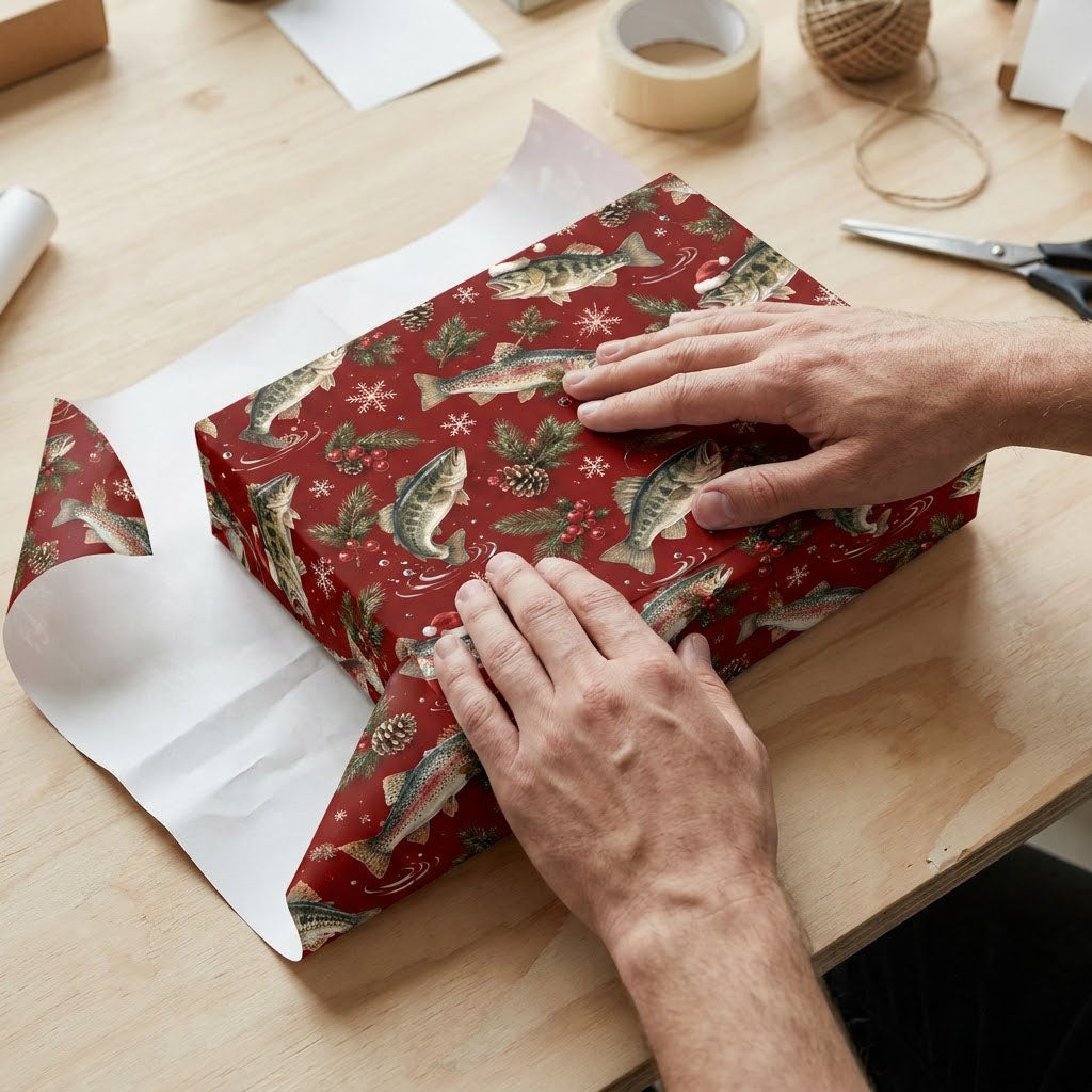 Red Christmas wrapping paper with largemouth bass and rainbow trout, some in Santa hats, pine branches, pinecones, berri