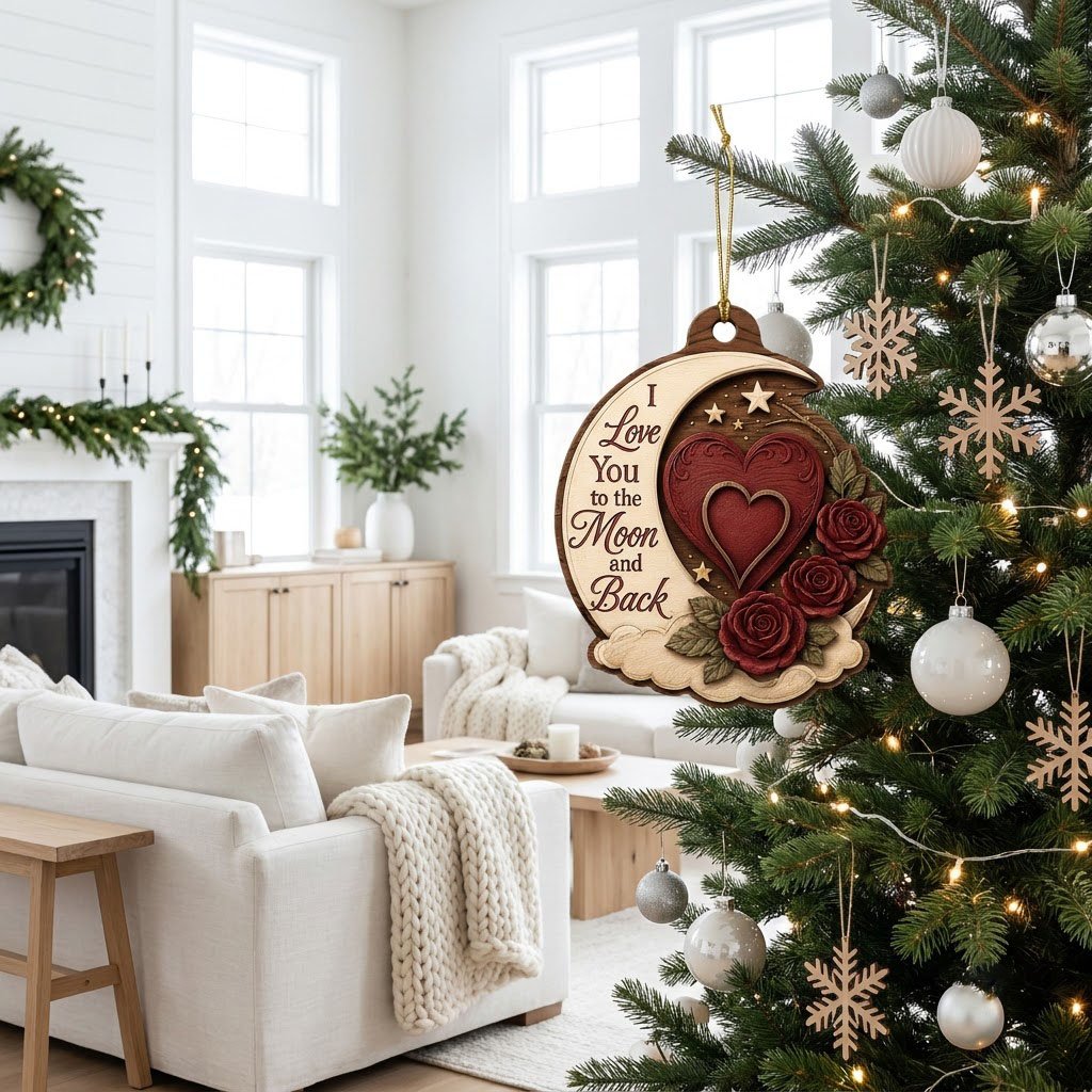 Custom-cut wood ornament with a crescent moon, red heart, three red roses, gold stars, and clouds.