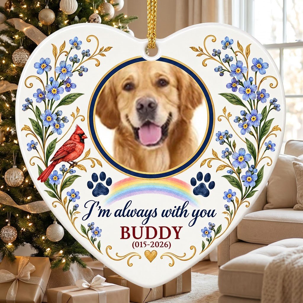 Heart ceramic ornament with a dog photo, red cardinal, blue forget-me-nots, rainbow, paw prints, and a gold heart accent