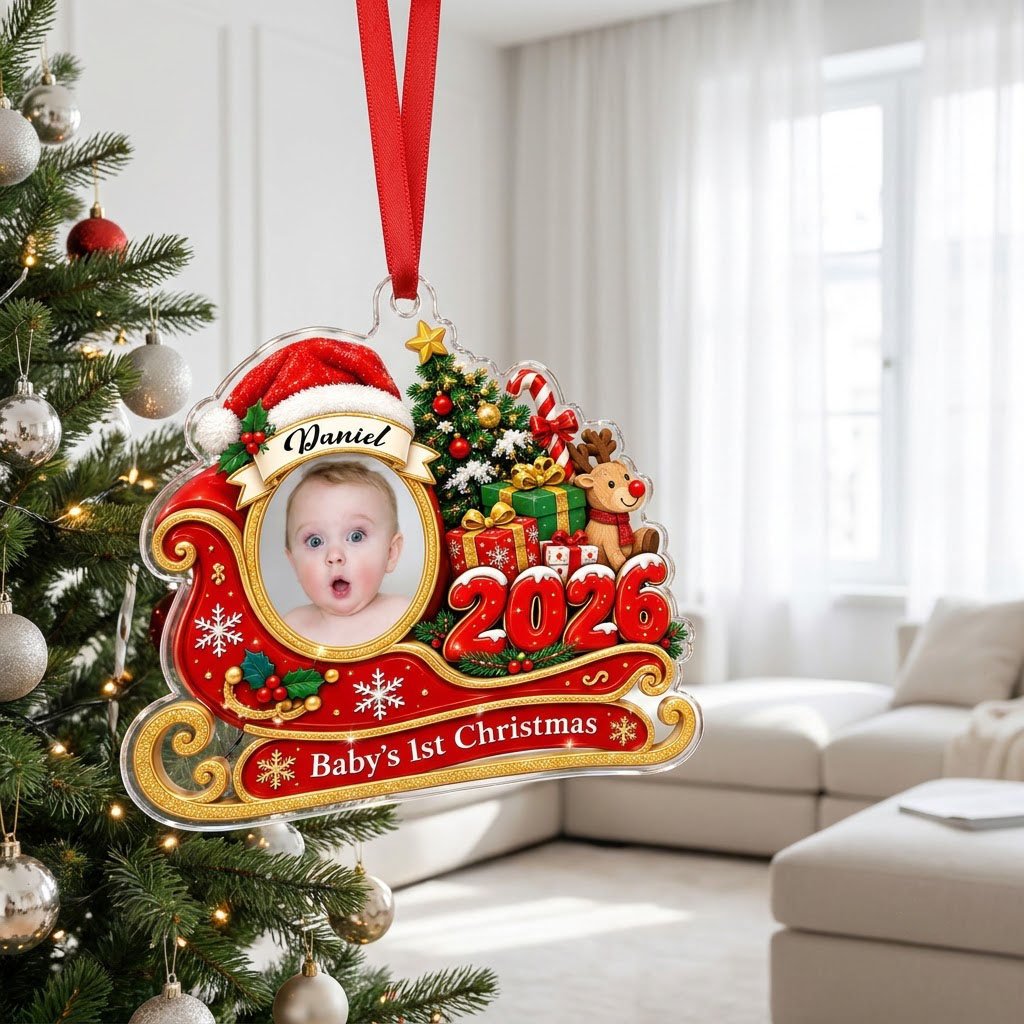Custom-cut acrylic ornament shaped like a sleigh, reindeer and tree with a photo frame and Baby's 1st Christma text.