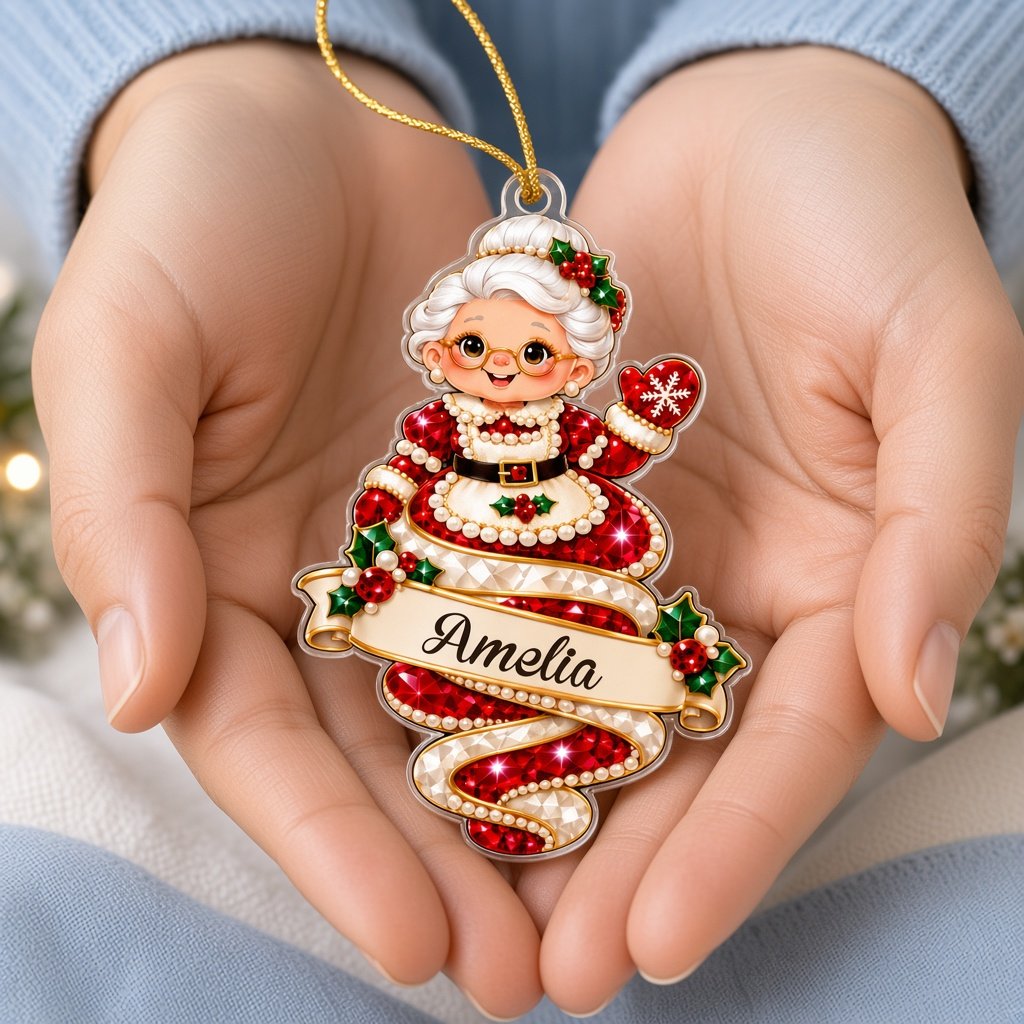 A custom-cut clear acrylic ornament shows a polar bear and Mrs. Claus in a jeweled spiral with a name banner and red rib
