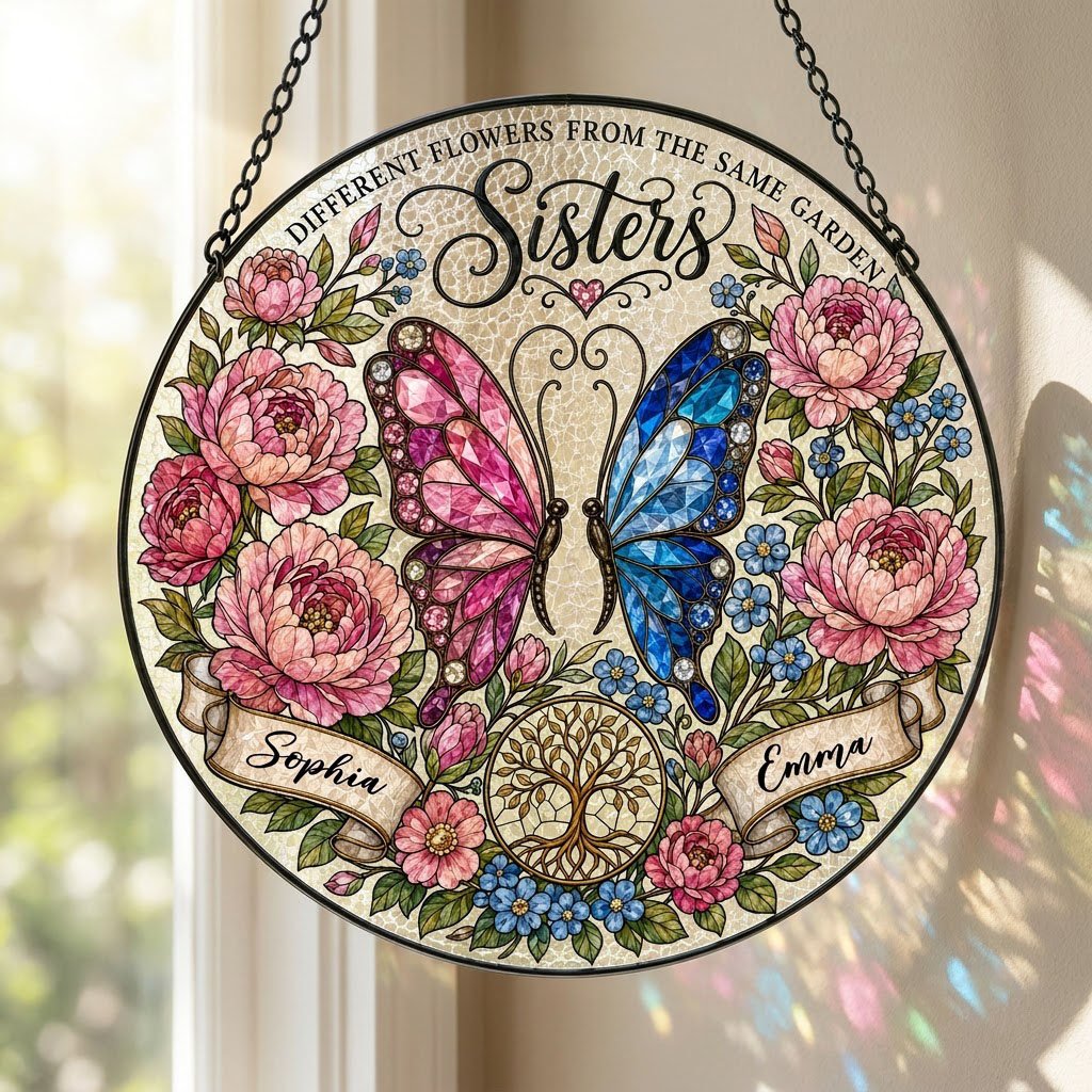 Round suncatcher with pink and blue butterfly, peony wreath, Tree of Life, and Sisters text with two name ribbons.