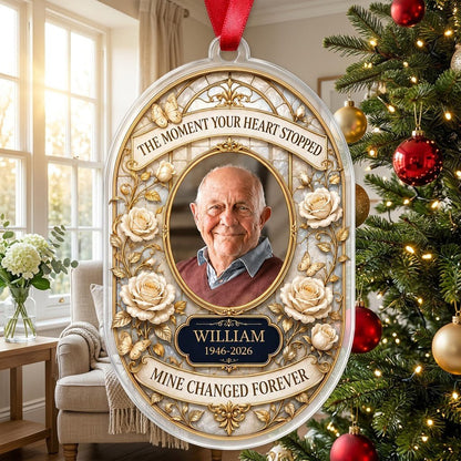 Personalized White Roses Oval Photo Memorial Acrylic Ornament