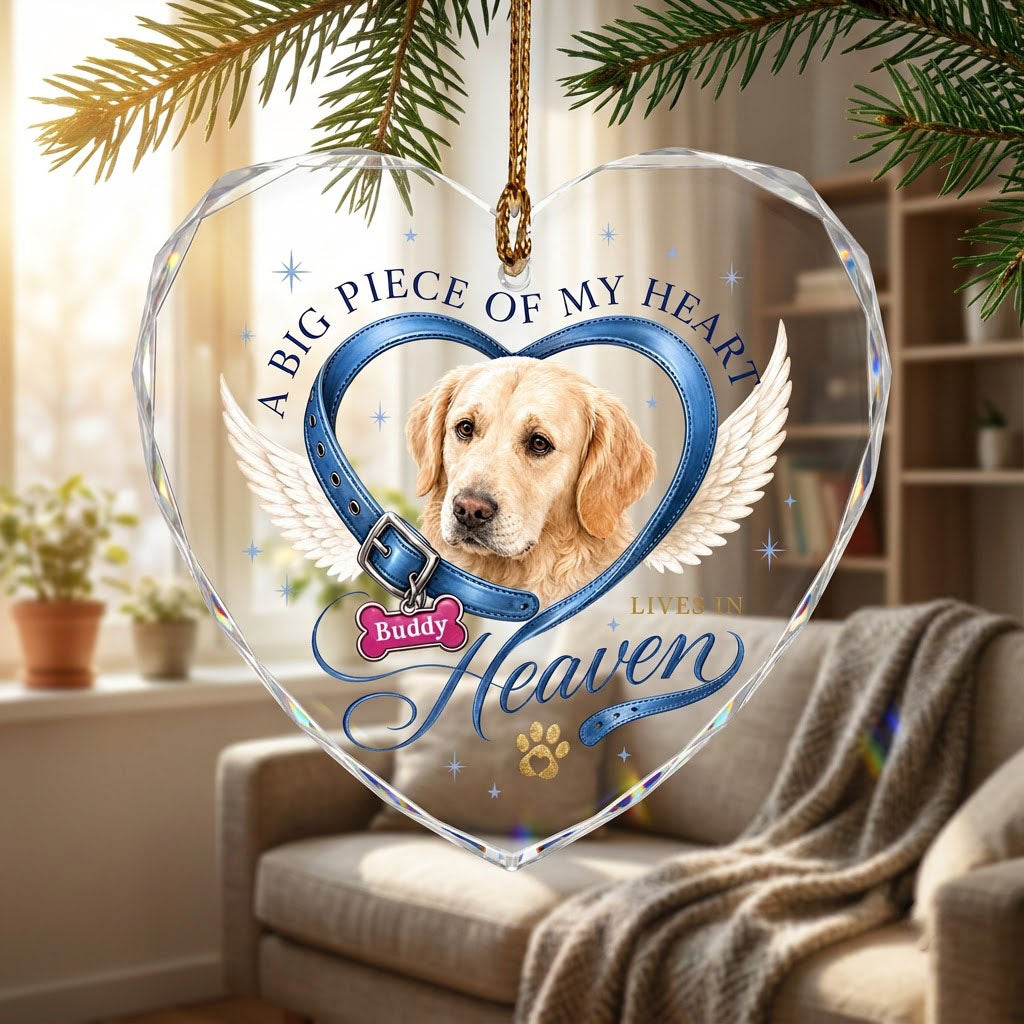 Personalized Dog Memorial Photo Collar Angel Wings Heart Glass Ornament