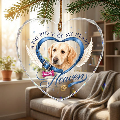 Personalized Dog Memorial Photo Collar Angel Wings Heart Glass Ornament