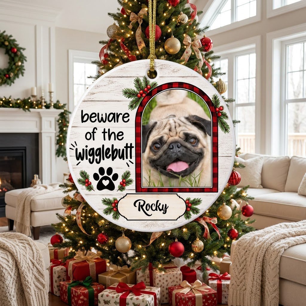 Round ceramic ornament with buffalo plaid photo frame, paw-heart, pine sprigs, and 'beware of the Wigglebutt'.