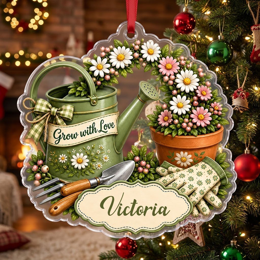 Green watering can with bow, garden tools, and floral pot with ‘Grow with Love’ and a name on a clear acrylic ornament.