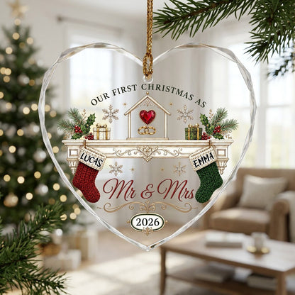 Personalized Our First Christmas as Mr & Mrs Fireplace Stockings Heart Glass Ornament