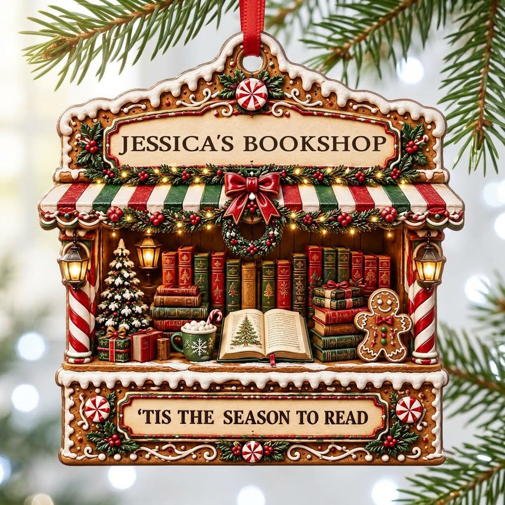 Gingerbread bookstore facade ornament with striped awning, wreath, books, lanterns, and 'TIS THE SEASON TO READ' text.
