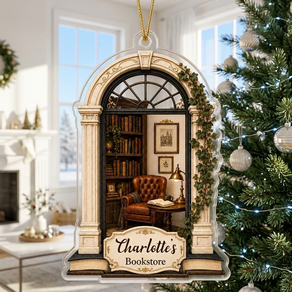 Personalized Library Reading Nook Acrylic Ornament, Custom Book Lover Christmas Keepsake