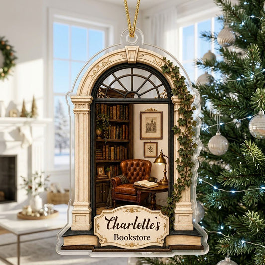 Personalized Library Reading Nook Acrylic Ornament, Custom Book Lover Christmas Keepsake