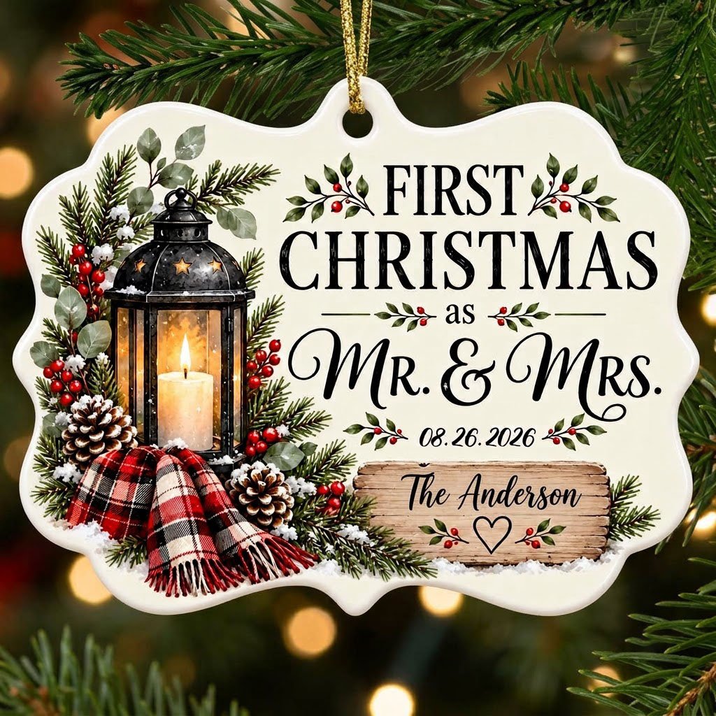Medallion ceramic ornament with black lantern, pine, red berries, plaid scarf, and 'FIRST CHRISTMAS as MR. & MRS.' text.