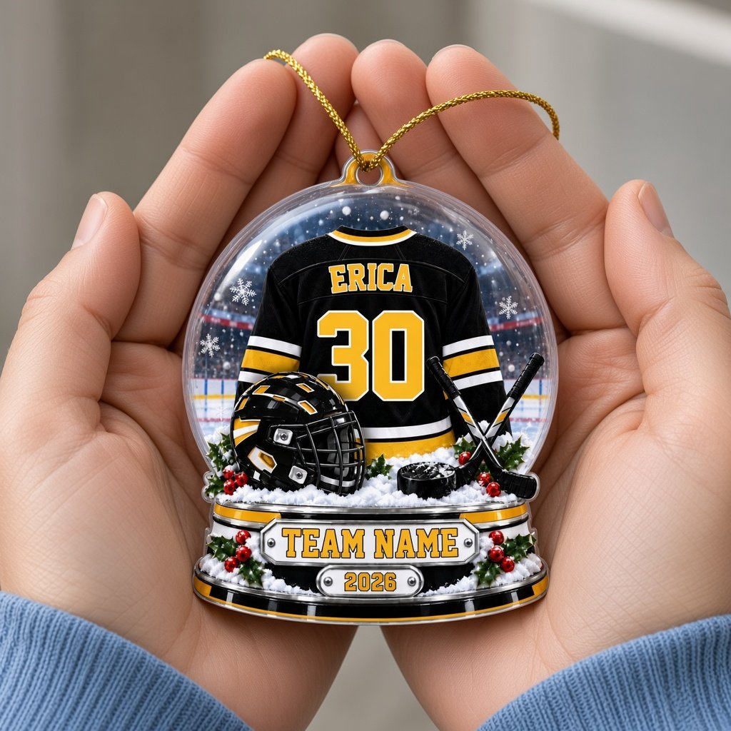 Acrylic snow globe ornament with hockey jersey, helmet, crossed sticks, puck, holly, and a silver plaque base.