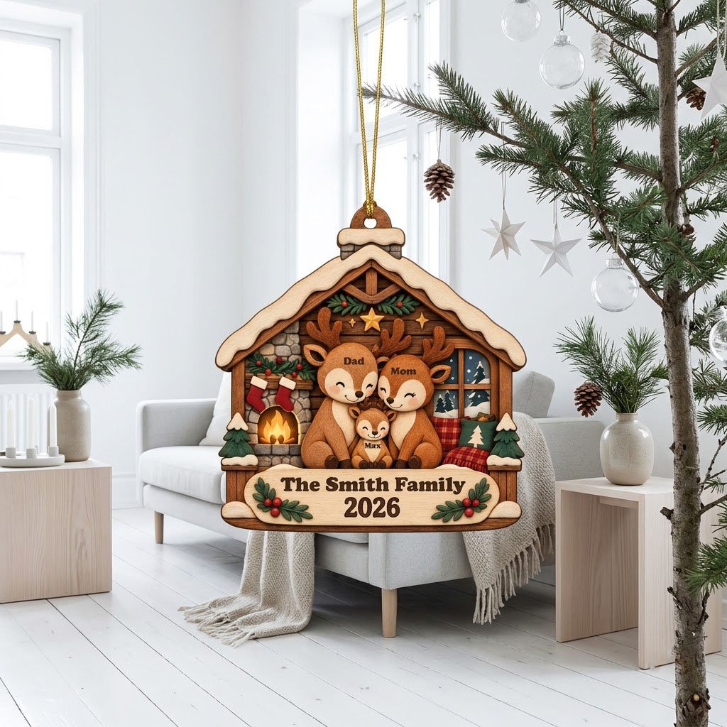 House-shaped wood ornament with deer family by a fireplace and snowy window, personalized with names and year.